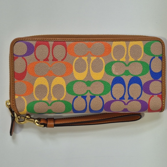 COACH signature  multicolored tan leather wristlet, wallet, clutch - Picture 2 of 7